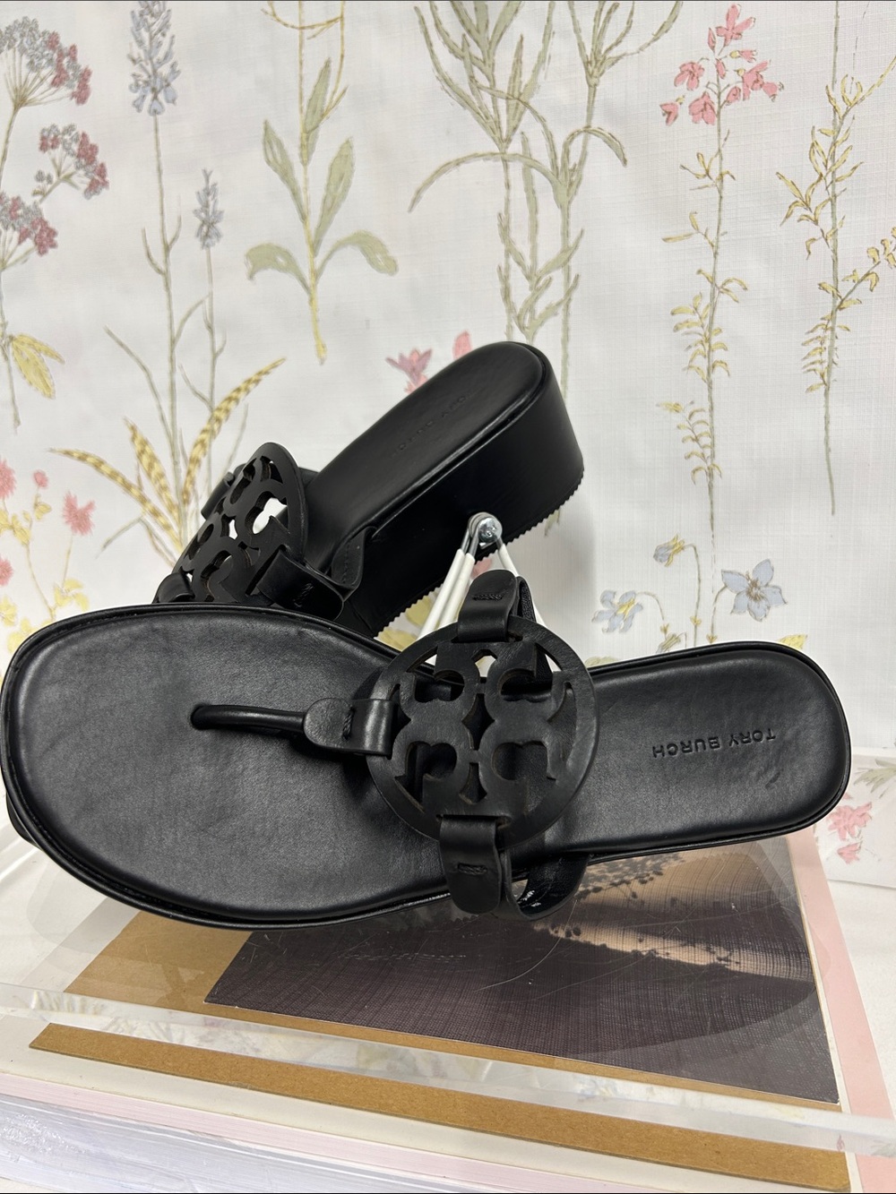 Tory Burch Black Leather Logo Cutout Thong Sandals